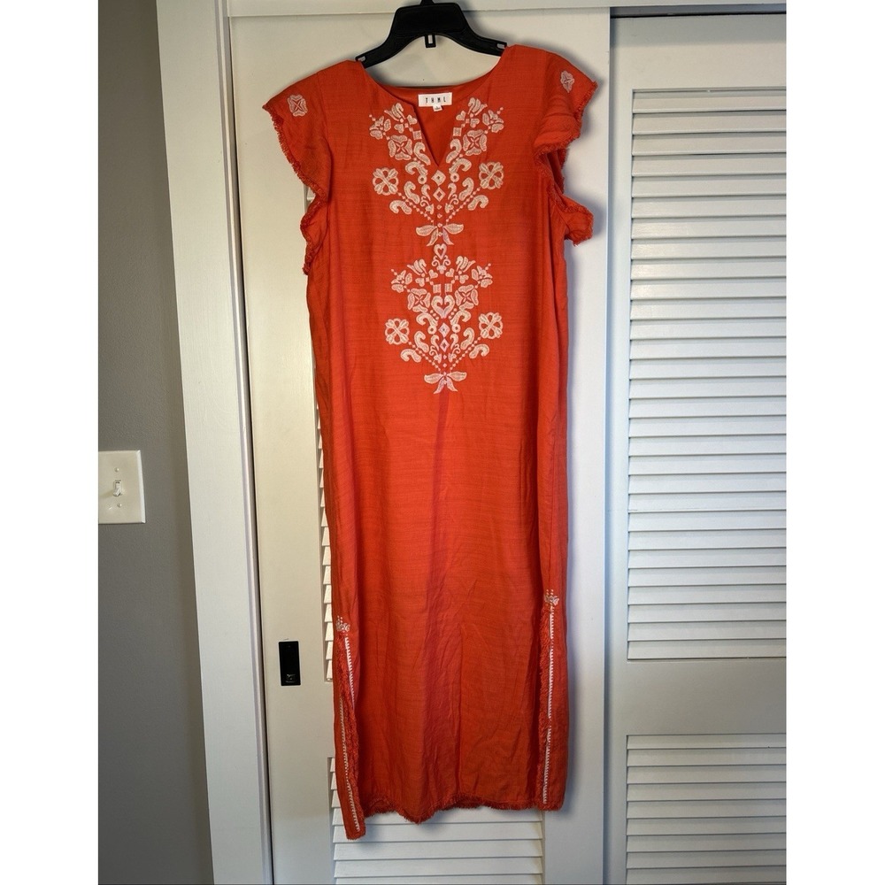 THML Womens L Orange/White Floral Embroidered Flutter Sleeve V-Neck Maxi Dress